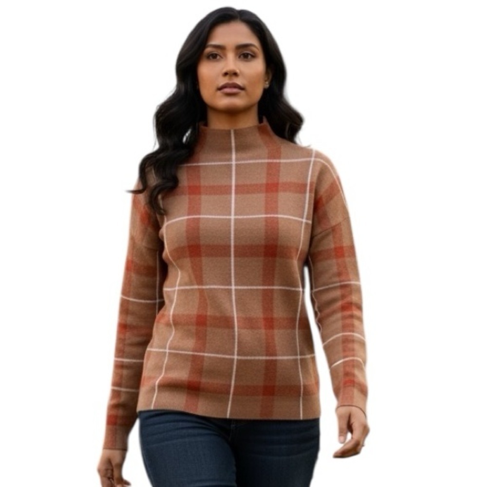 JNY Jones New York Large Brown Turtleneck Plaid Sweater